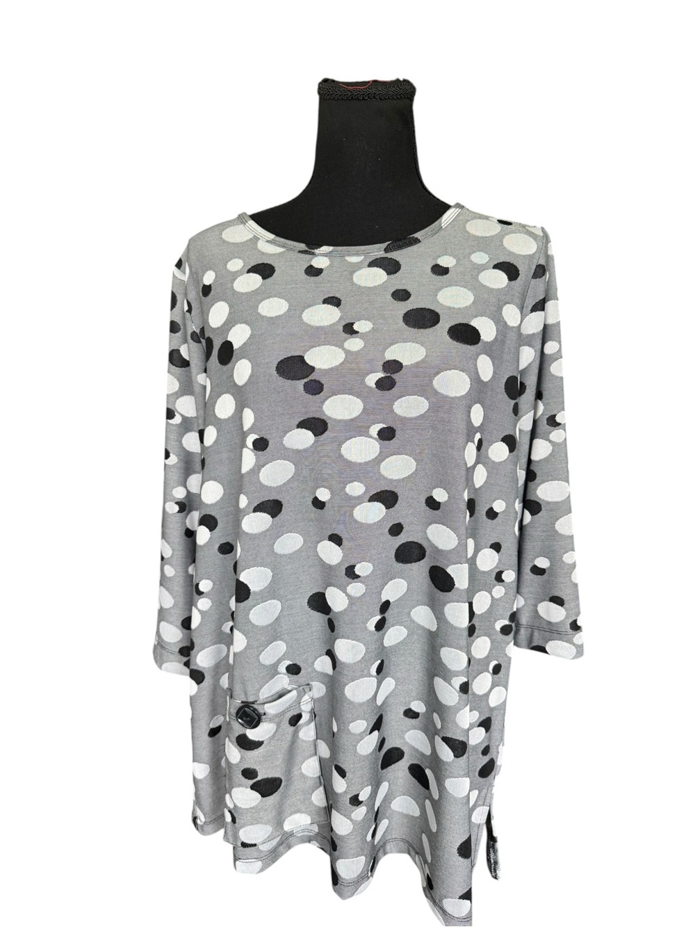 Ali Miles Gray Black White Polka Dot Tunic Top Pocket Artsy Size L Travel